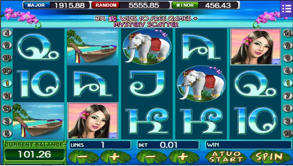 Thai Paradise di 1 line dan 0.01 dengan dua gajah putih dan dua perahu ekor panjang, di bawah spanduk free game anggrek