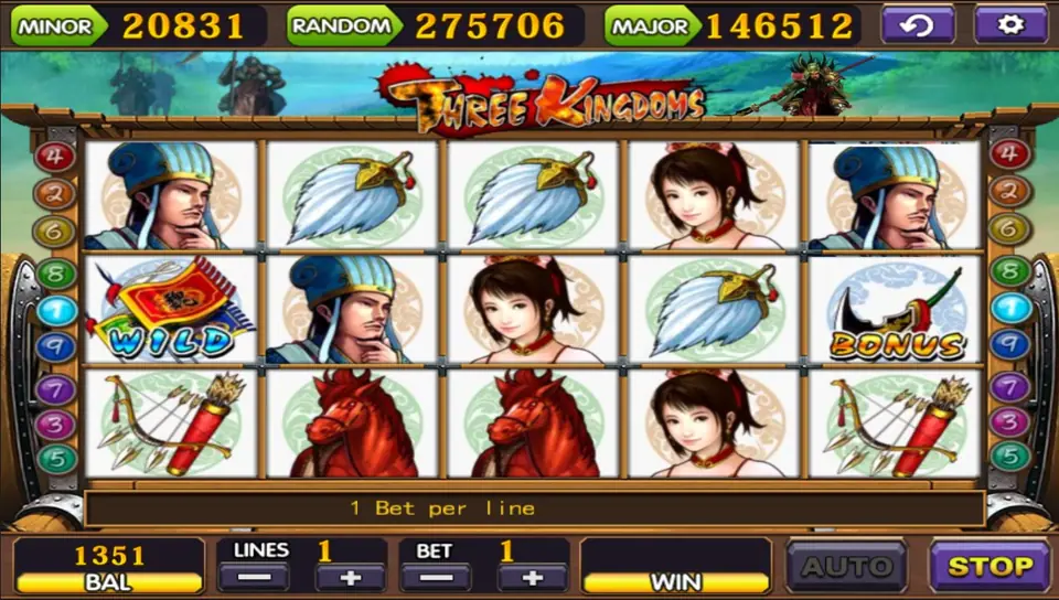 Three Kingdoms spin with a banner wild on reel 1, the strategist twice and two red horses on the bottom row
