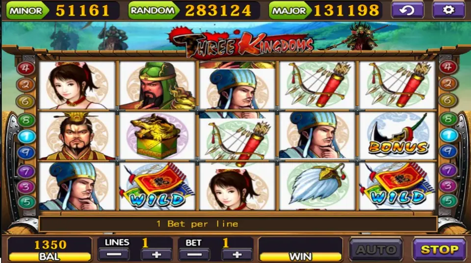 Three Kingdoms reels at 1 line with two wild banners, a Bonus blade on reel 5 and a gold dragon seal