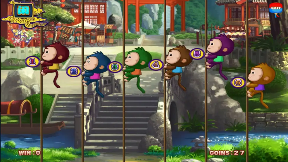 Thunder Bolt race with six numbered monkeys climbing poles in front of a Chinese village and bridge