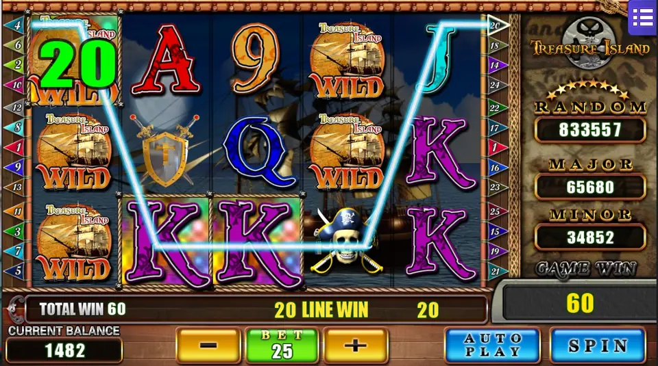 Treasure Island on Mega888 with a full reel of galleon wilds on reel 1, a line win of 20 and a total win of 60