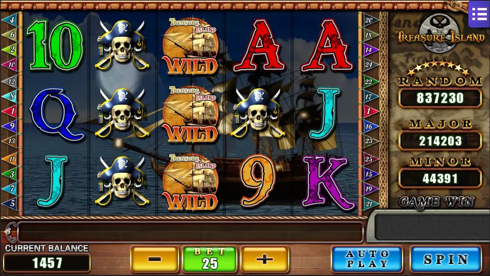 Treasure Island reels with galleon wilds stacked down reel 3 and skull symbols stacked on reel 2