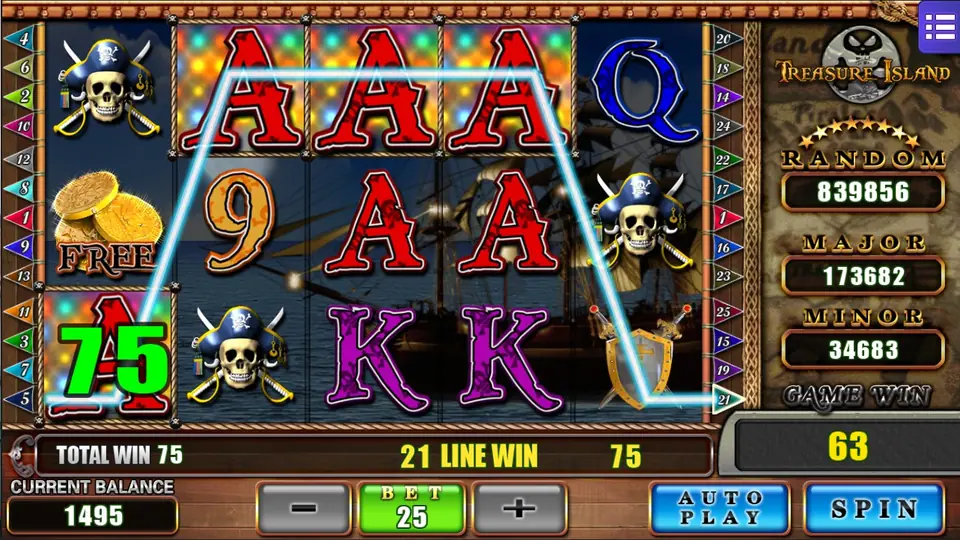 Treasure Island line 21 win of 75 with four red A symbols and gold FREE coins on reel 1