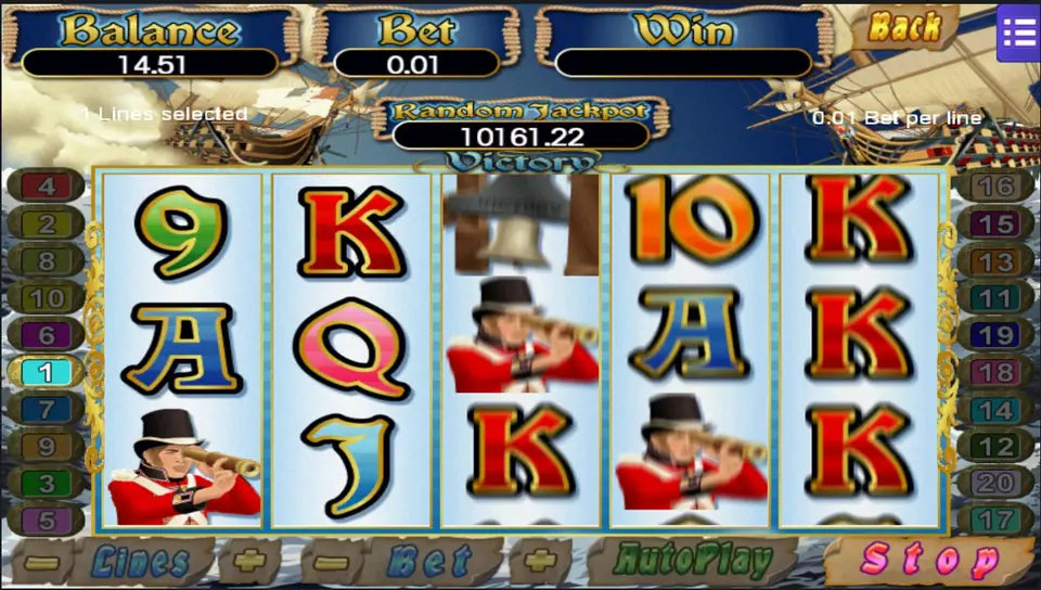 Victory reels with redcoat marines on reels 1, 3 and 4 and a ship's bell on reel 3 at 1 line