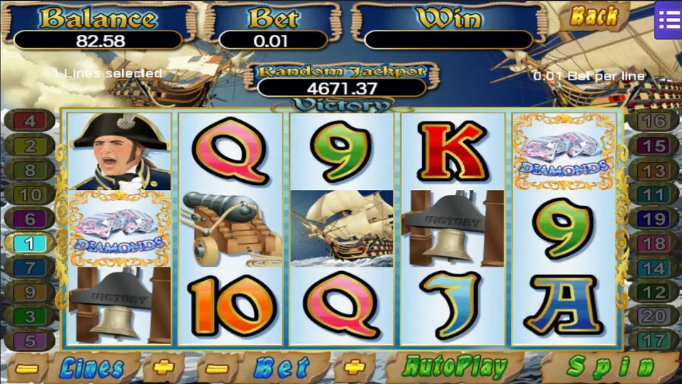 Victory reels with an officer in a bicorne on reel 1, Diamonds symbols on reels 1 and 5 and ship's bells on reels 1 and 4
