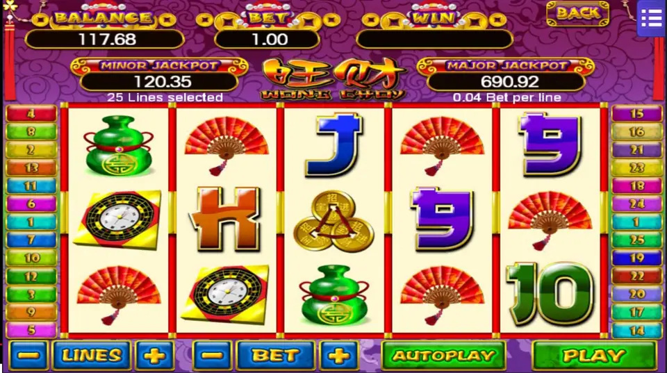 Wang Choy on Mega888 with red folding fans, jade gourds, a feng shui compass and tied coins, 25 lines at 0.04 per line
