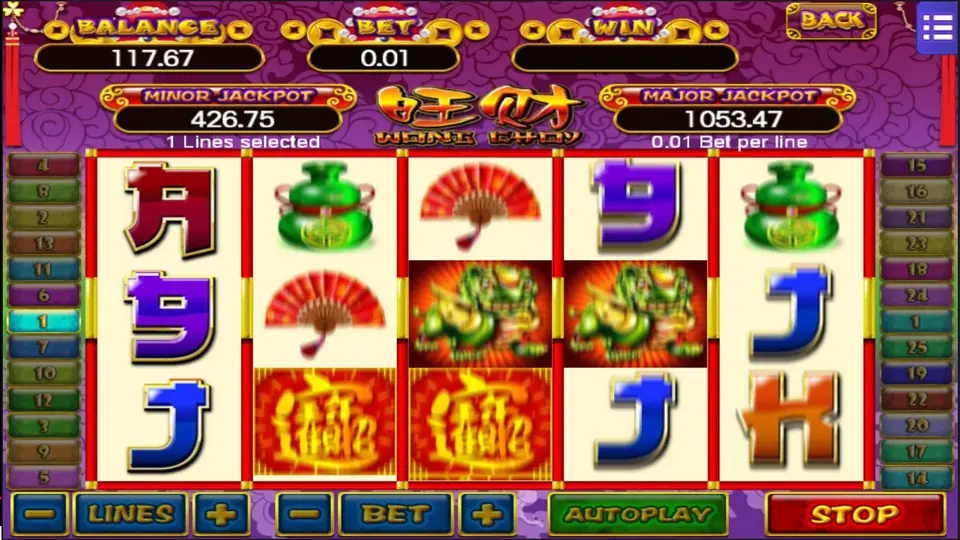 Wang Choy reels at 1 line showing a golden lion on reels 3 and 4 and the red good-fortune character tile on reels 2 and 3