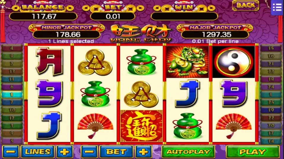 Wang Choy with a yin-yang disc on reel 5, tied coins and jade gourds on reels 2 and 3