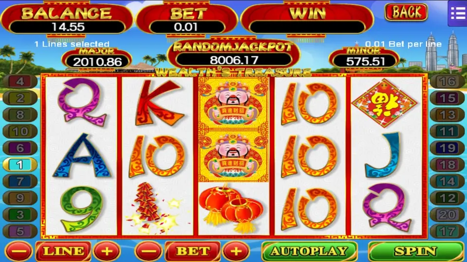 Wealth's Treasure di 1 line dengan Dewa Rezeki menumpuk dua kali di gulungan 3, petasan, dan lampion merah