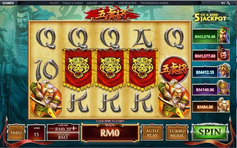 5 Tiger General reels with three red tiger banners across the middle, a five-row RM jackpot ladder on the right and the bet panel below