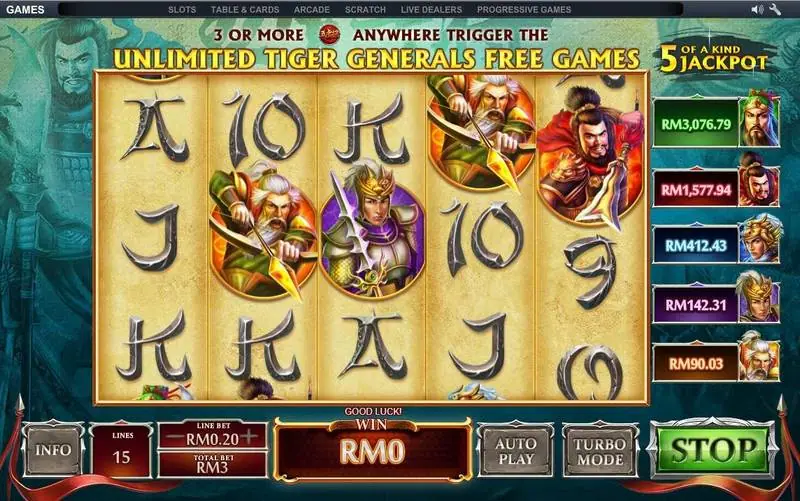 Five Tiger Generals mid-spin with the Unlimited Tiger Generals Free Games banner across the top
