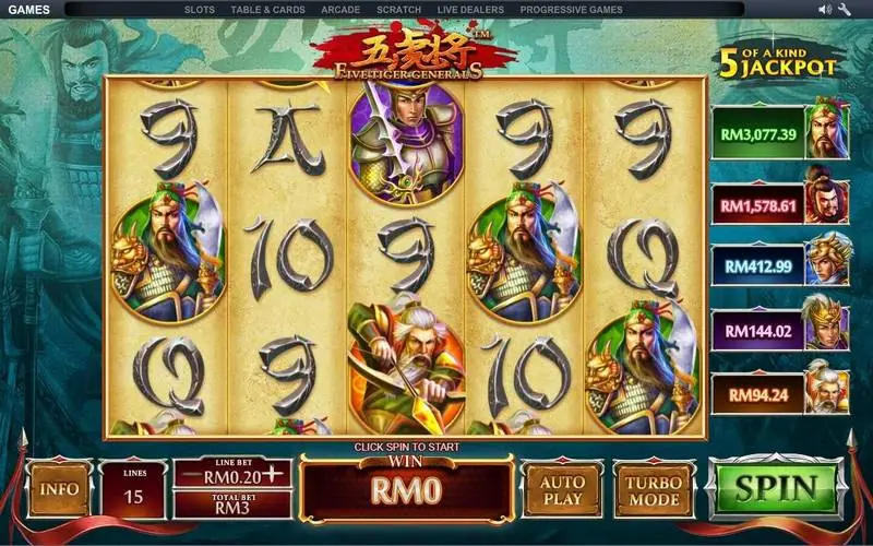 Five Tiger Generals reels full of general portraits with slightly higher jackpot figures than earlier