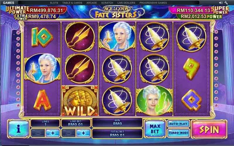 Gulungan Fate Sisters bertumpuk simbol gelendong dan gunting dengan satu wild di gulungan 2