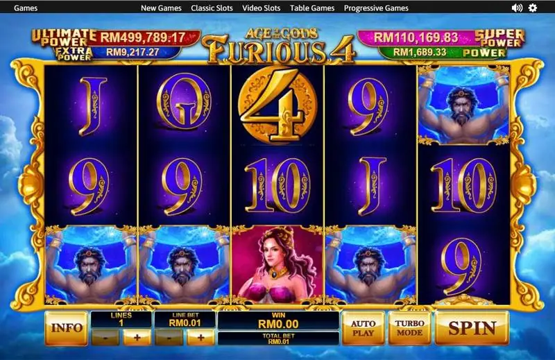 Furious 4 reels with the blue sphere-holding hero stacked on reels 1, 2 and 4 and the gold 4 coin on reel 3
