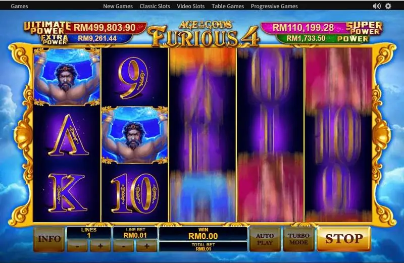 Furious 4 mid-spin with reels 3 to 5 blurred and two blue heroes stopped on the left