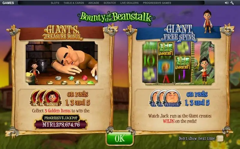 Bounty of the Beanstalk help screen explaining the Giant's Treasure Bonus and Giant Free Spins