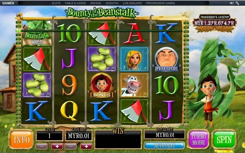 Bounty of the Beanstalk reels with axe, beans, cow, princess, Jack bonus and Giant free spins symbols beside a beanstalk and a cartoon Jack
