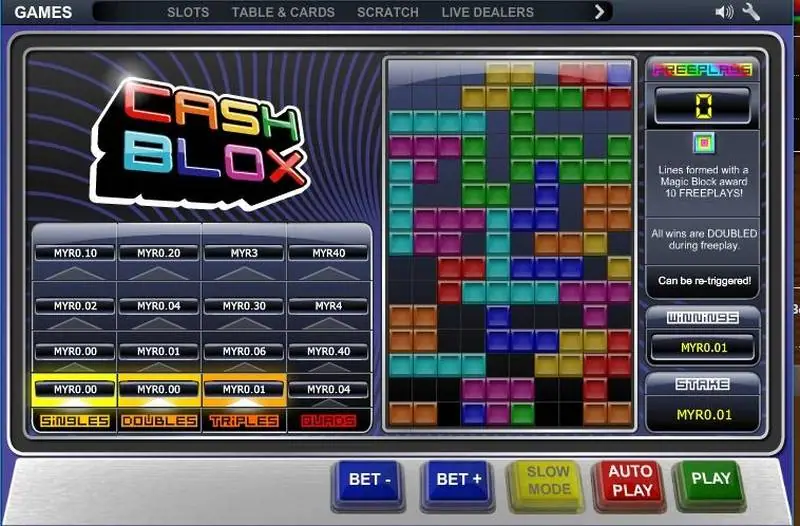 Cash Blox grid packed with coloured blocks near the end of a round, with MYR0.01 winnings shown