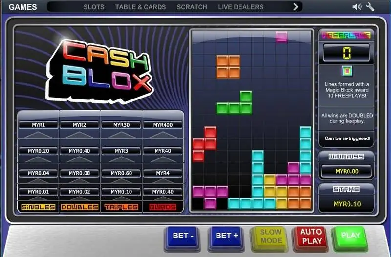 Cash Blox at a MYR0.10 stake with blocks settling and the freeplays counter at 0