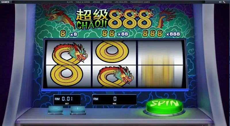 Chao Ji 888 with two reels showing half-turned dragon 8s and the third reel still spinning, bet RM0.01
