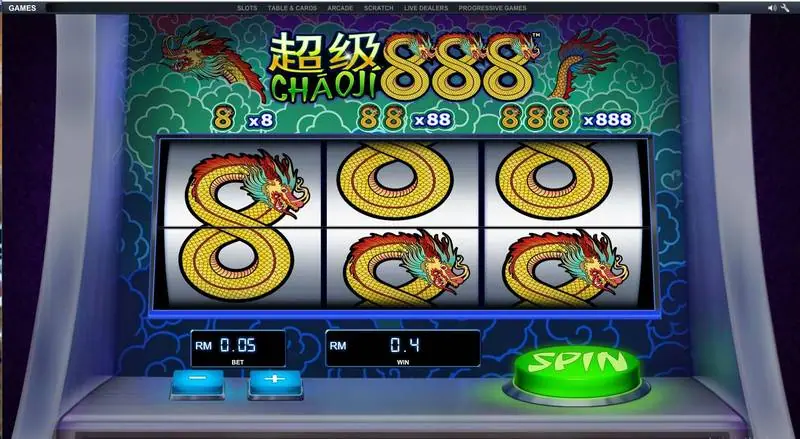 Chao Ji 888 three reels showing dragon 8 symbols, with an RM0.05 bet and RM0.4 win on the display below
