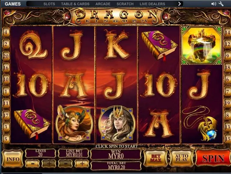 Dragon Kingdom reels with spell books, a floating castle, a warrior woman, a crowned prince and a dragon amulet, set to 20 lines