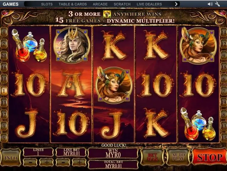 Dragon Kingdom mid-spin with the banner 3 or more anywhere wins 15 free games plus dynamic multiplier