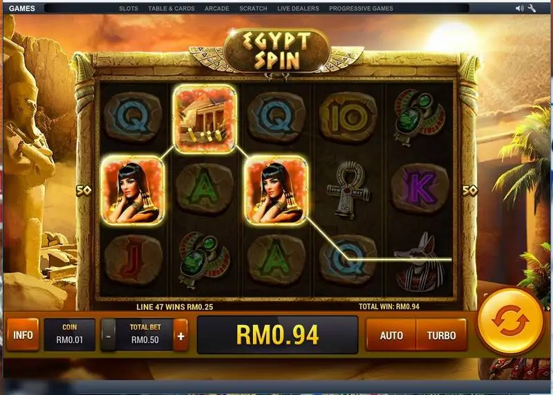 Egypt Spin with the queen and temple symbols on line 47 paying RM0.25, total win RM0.94