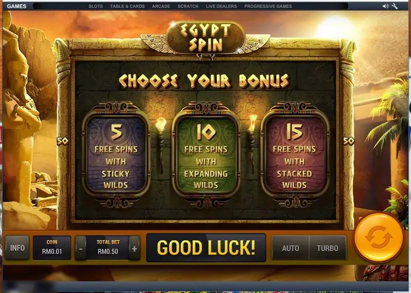 Egypt Spin Choose Your Bonus screen with 5 sticky, 10 expanding and 15 stacked wild free spin options