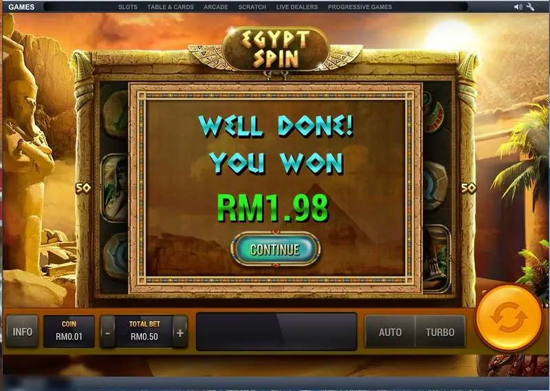 Egypt Spin Well Done You Won RM1.98 screen after the free spins