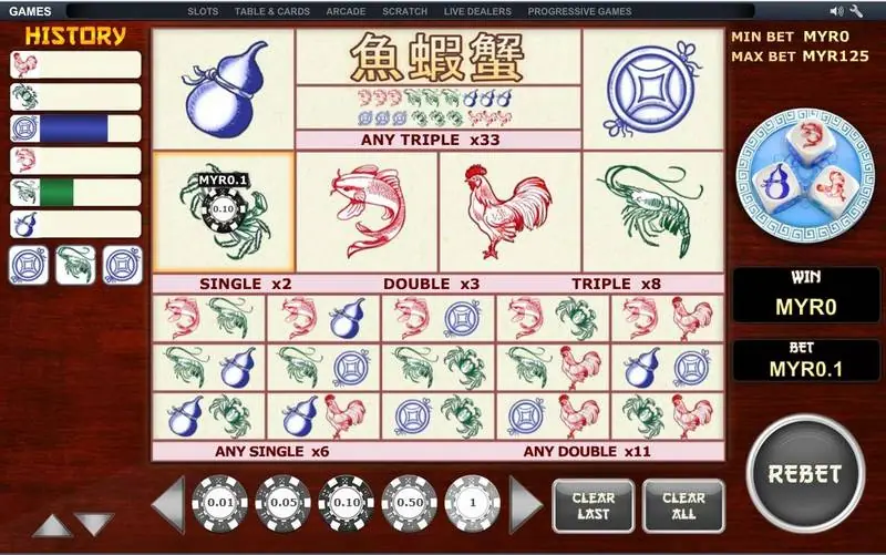 Fish Prawn Crab betting board with a MYR0.10 chip on the crab, a dice plate showing a blue gourd and two red faces, and a history column