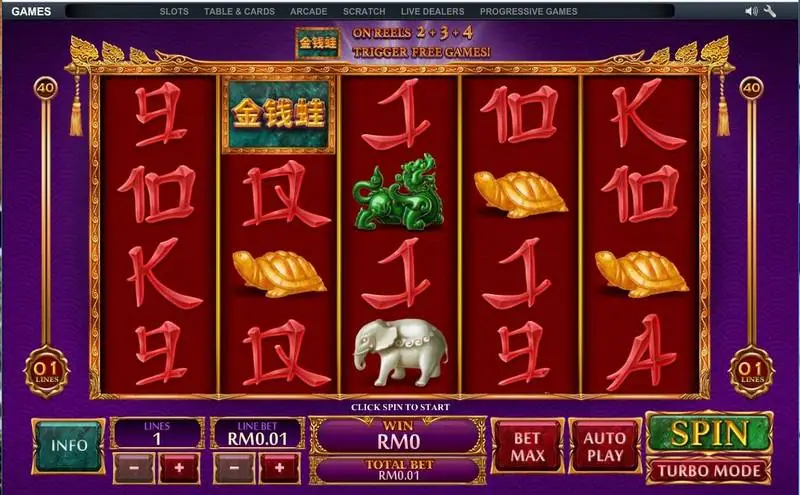 Jin Qian Wa with the banner reading plaque on reels 2, 3 and 4 trigger free games