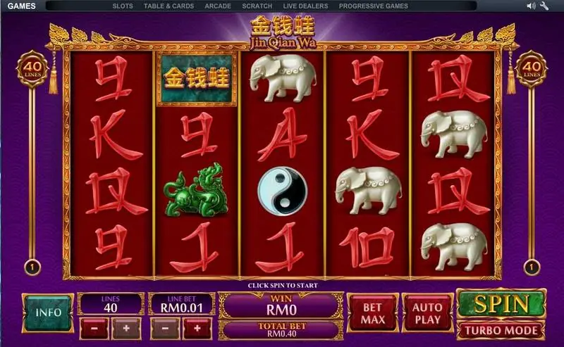 Jin Qian Wa set to 40 lines with white elephants stacked on reel 5 and a single plaque on reel 2