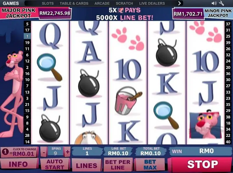 Pink Panther mid-spin with the banner 5x Pink Panther pays 5000x line bet