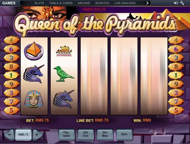 Queen of the Pyramids with reels 3 to 5 still spinning and the RM80,639.25 progressive above