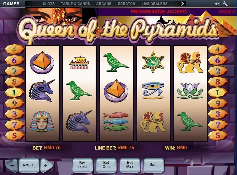 Queen of the Pyramids reels with pyramid, unicorn, pharaoh mask, boat, green bird, eye of Horus and sphinx symbols, nine line markers each side