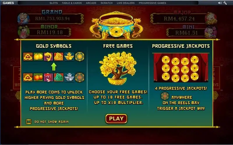 Ri Ri Sheng Cai intro screen explaining gold symbols, free games and four progressive jackpots