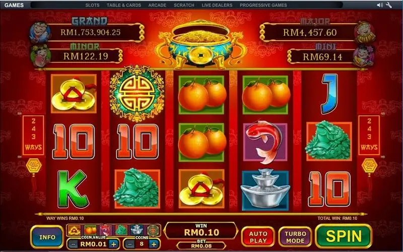 Ri Ri Sheng Cai at 8 coins with jade frogs, silver ingot and a RM0.10 way win