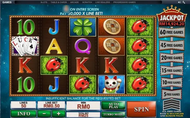Streak of Luck reels with ladybirds stacked on reel 5, a lucky cat, clover and coins, and a free-games ladder from 5 to 60 beside a jackpot sign
