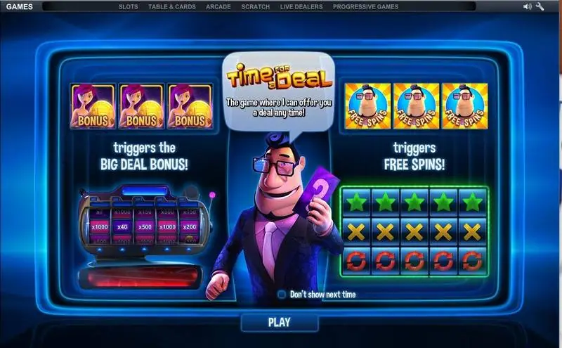 Time For A Deal intro card: three BONUS symbols trigger the Big Deal Bonus, three host symbols trigger free spins
