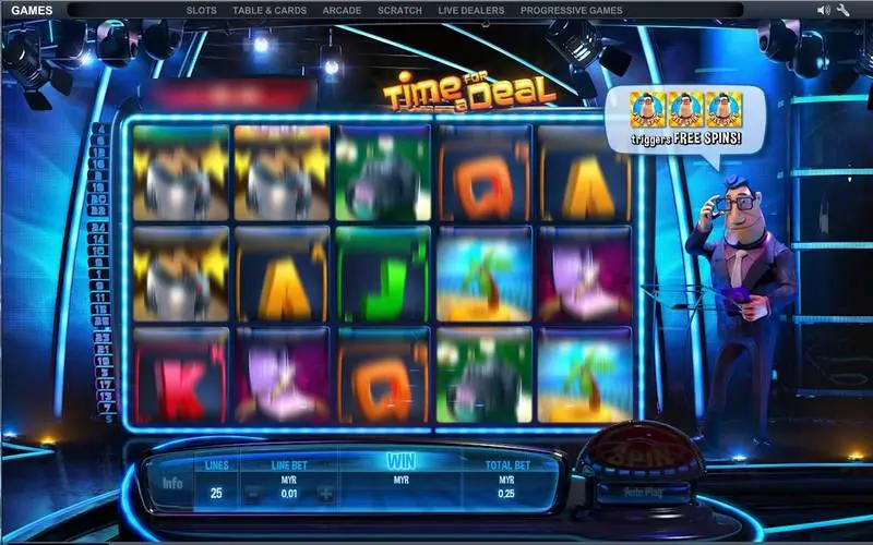 Time For A Deal mid-spin with the host's speech bubble showing three free-spin symbols trigger free spins