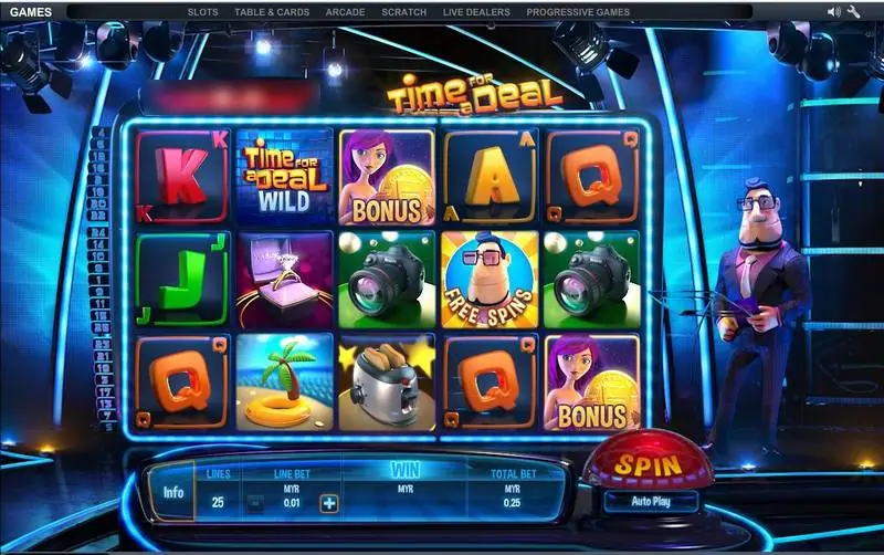 Time For A Deal reels with camera, toaster, palm-island, engagement ring and wild symbols, the cartoon host standing on the right of a TV studio stage