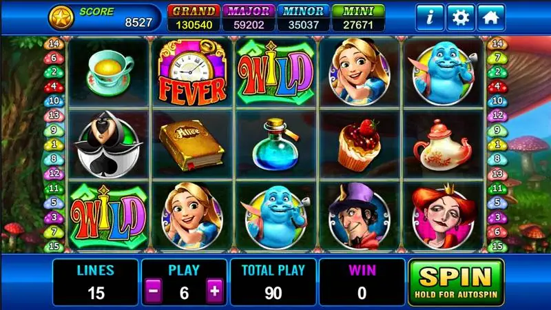 Alice reels showing a Fever clock symbol, two Wilds, the Mad Hatter and the Red Queen