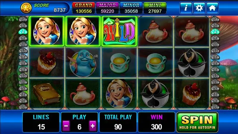 Alice slot reels with two Alice symbols and a Wild on the top row highlighted, win 300