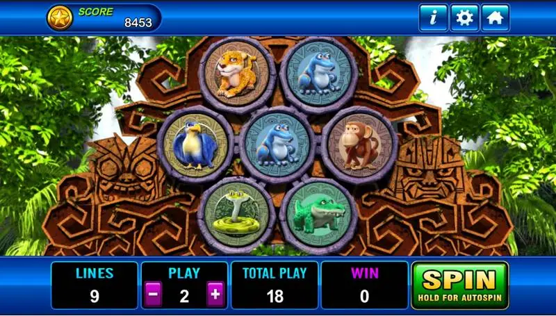 Amazon Jungle board with seven round animal medallions on a carved stone temple, lines 9, play 2