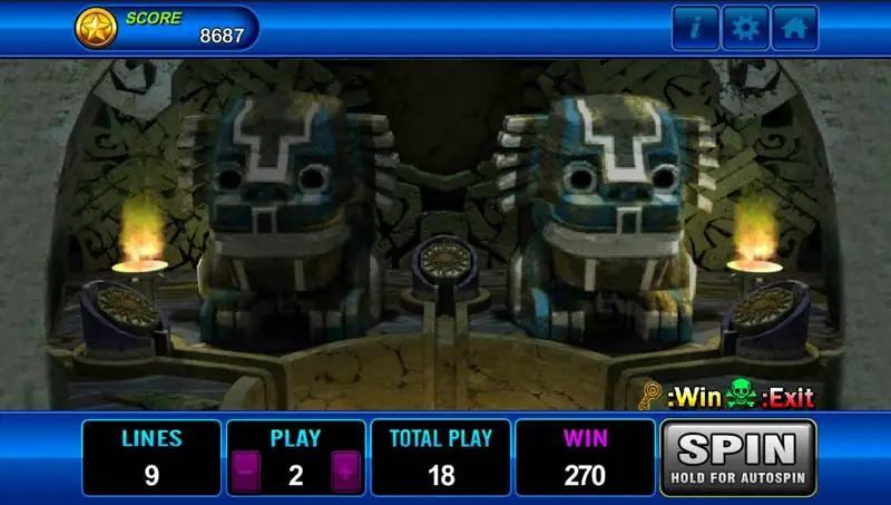 Inner temple chamber with two stone guardian statues and a Win or Exit legend