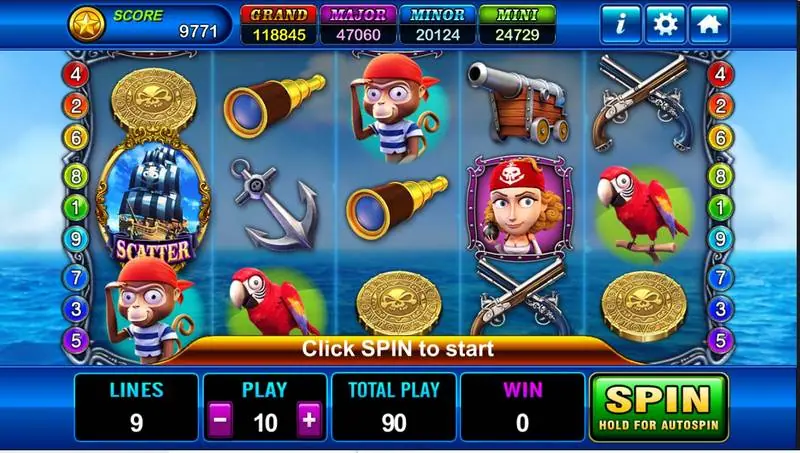Captain Roger reels at sea with a pirate ship scatter on reel one, monkey, parrot and gold coin symbols