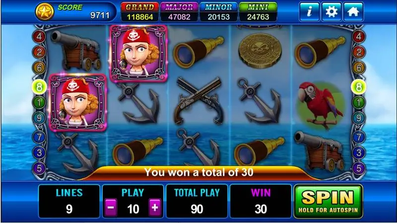 Two pirate-girl symbols highlighted on reels one and two for a total win of 30