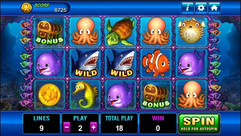 Dolphin reels with two shark Wild symbols, purple dolphins, clownfish and two treasure chests marked Bonus