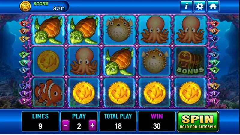 Four gold fish coins along the bottom row with turtles, octopuses and a treasure chest above, win 30